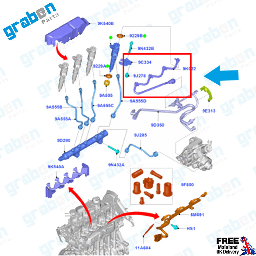 Grabenparts_Injector Leak Off Return Pipe For Focus III / Transit Connect 1.6 TDCI AV6Q9K022AB 1746271_