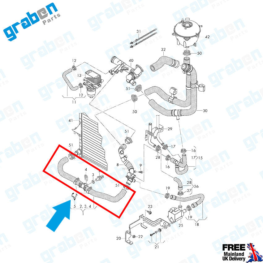 Grabenparts_Radiator Hose For Volkswagen Transporter T6  2.0 TDI 2010-2015 7E0122051R_