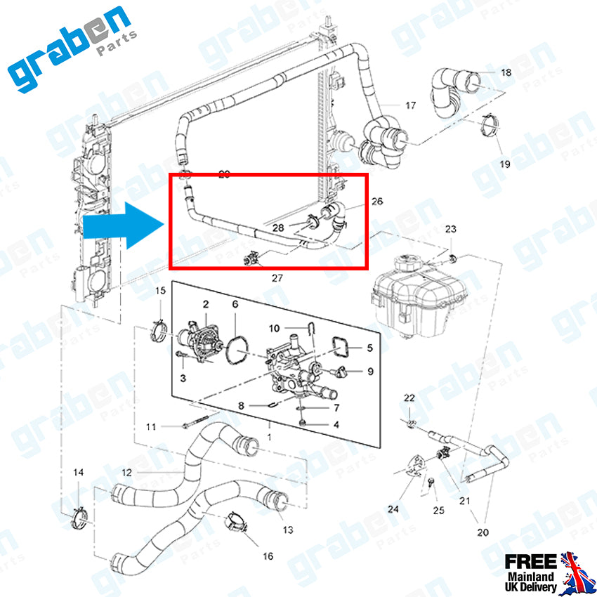 Grabenparts_Water Tank Hose For Opel Astra J / 1.3 / 2.0 CDTi / 1.6 / 1.8 1336380 GM13287781_