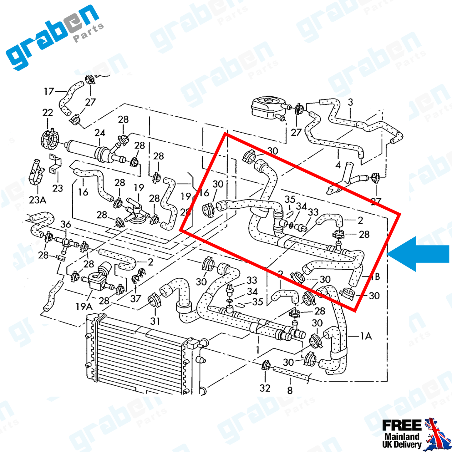 Grabenparts_Radiator Hose For VW Transporter T4 (MK4) 2.4 TDI / 2.5 TDI 1990-2004 074121086P_
