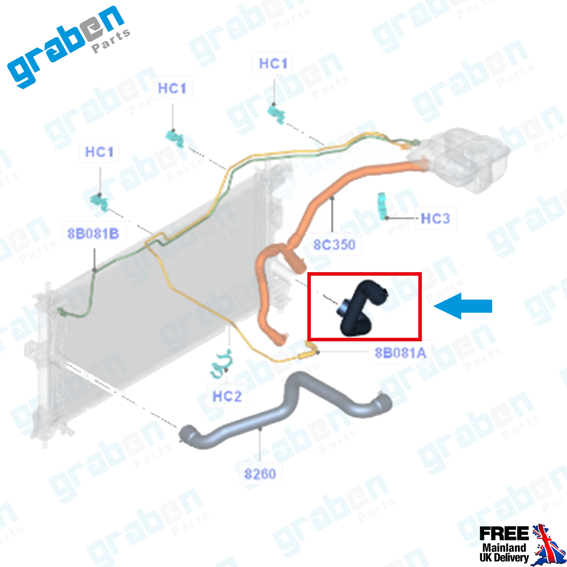 Grabenparts_Radiator Lower Hose For Ford Focus III / C-Max II 1.6 Ti 2010+ 8V618286BA_
