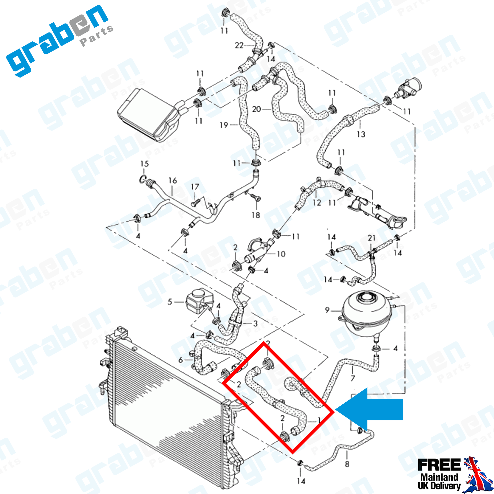 Grabenparts_Radiator Lower Hose Pipe For VW Transporter T5 1.9 TDI 2003-2010 7H0121051G_