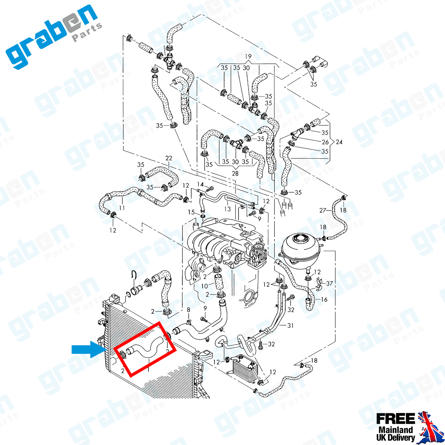 Grabenparts_Radiator Lower Hose Pipe For Volkswagen Transporter T5 2.5 TDI 7H0121051D_