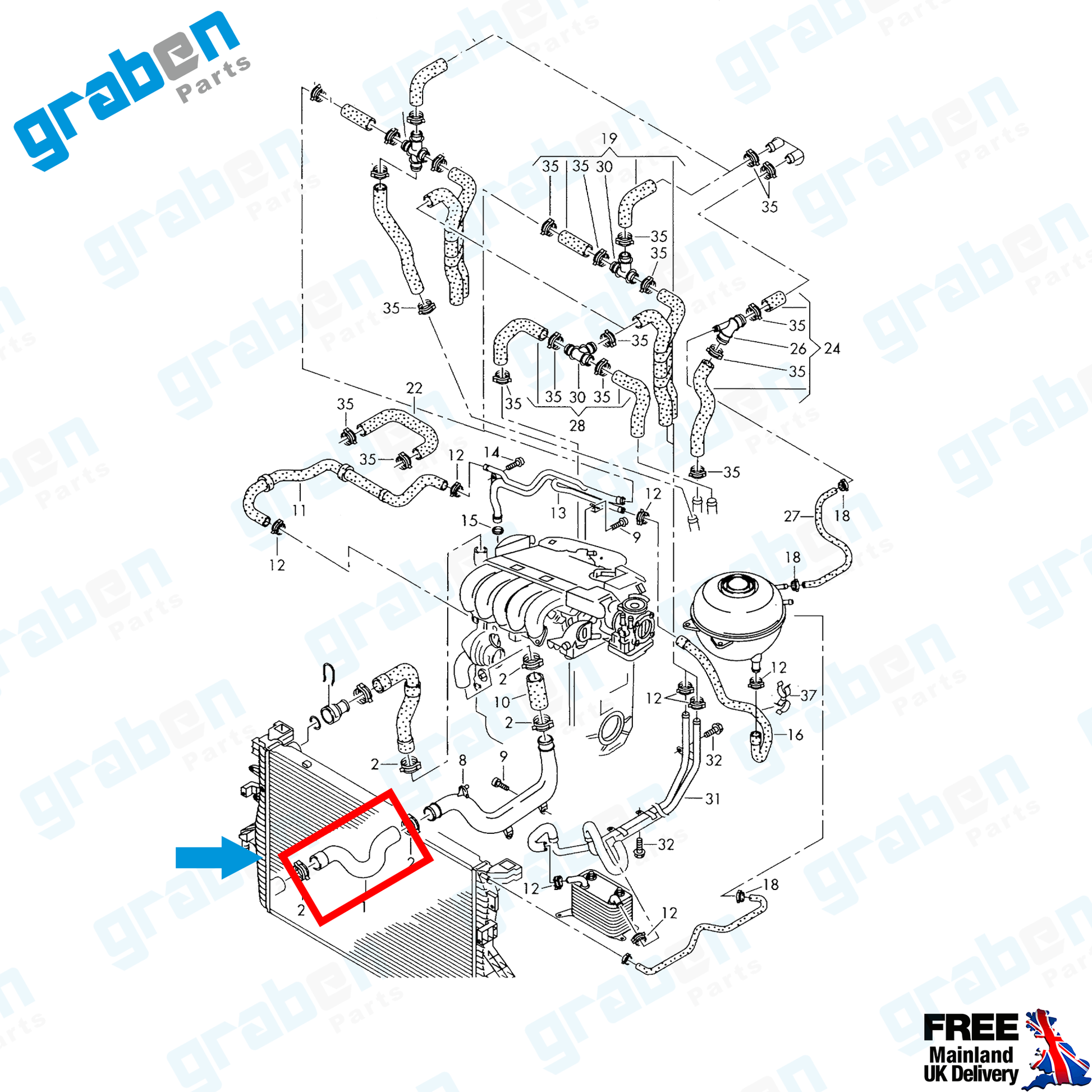 Grabenparts_Radiator Lower Hose Pipe For Volkswagen Transporter T5 2.5 TDI 7H0121051D_