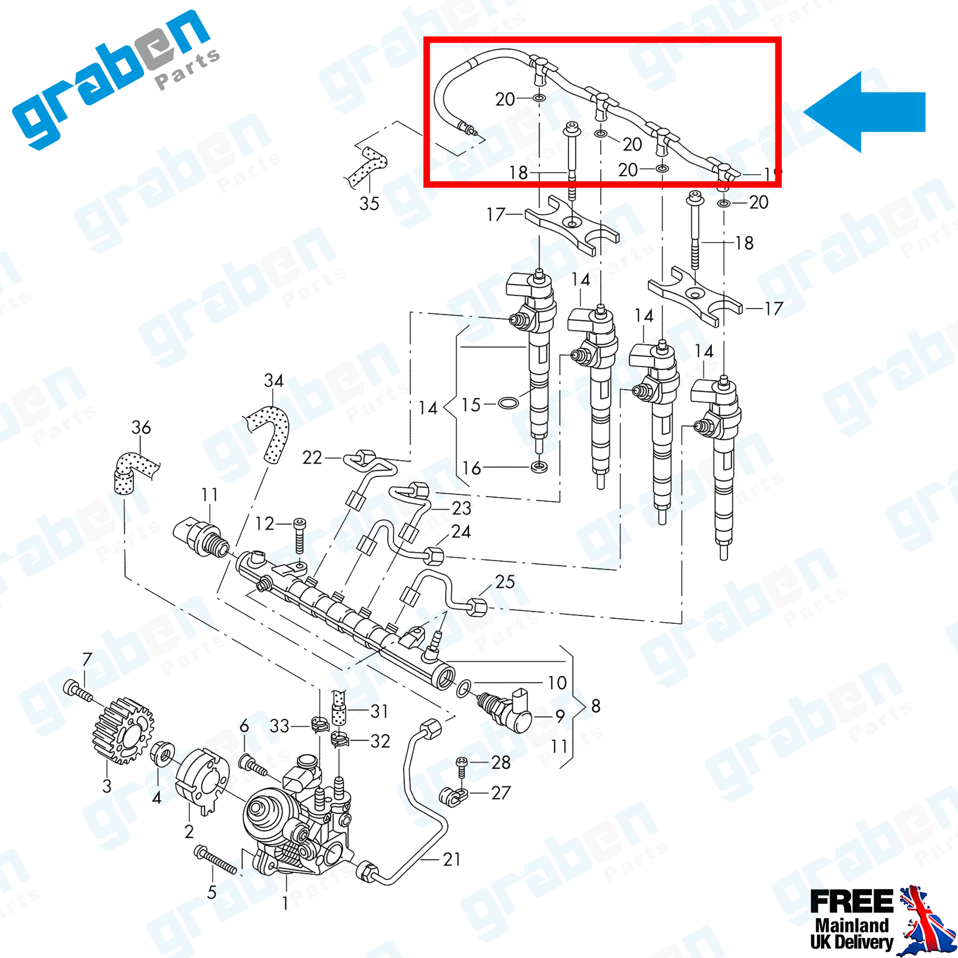 INJECTOR LEAK-OFF RETURN PIPE FOR VOLKSWAGEN / AUDI / SEAT / SKODA 2.0 TDI 03L130235N