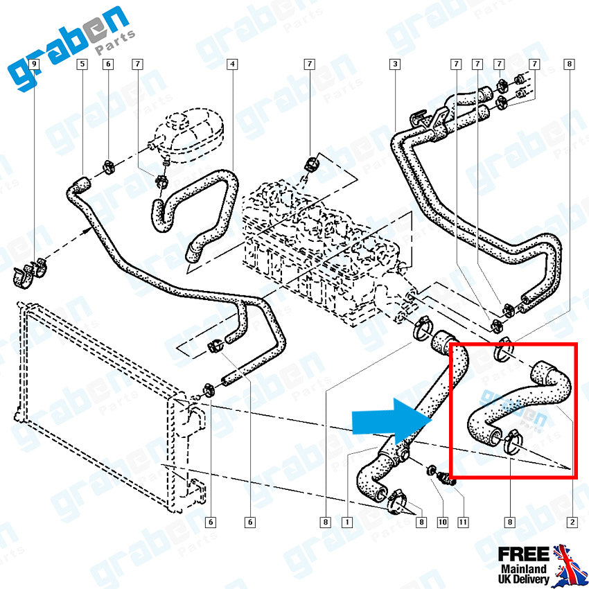 7700302000 
4500076 = GM 9160376
LOWER RADIATOR HOSE FOR RENAULT MASTER II 2.5 DCI / OPEL VAUXHALL MOVANO A 2.5 DTI